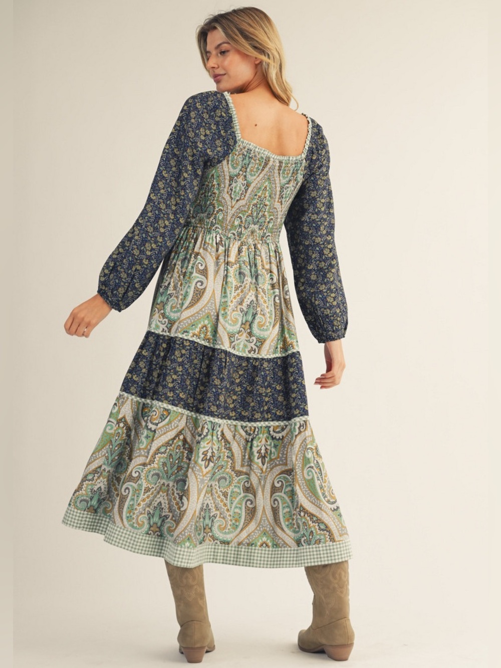 #257 Boho Paisley Tiered Maxi Dress in Navy and Green - Picture 2 of 2